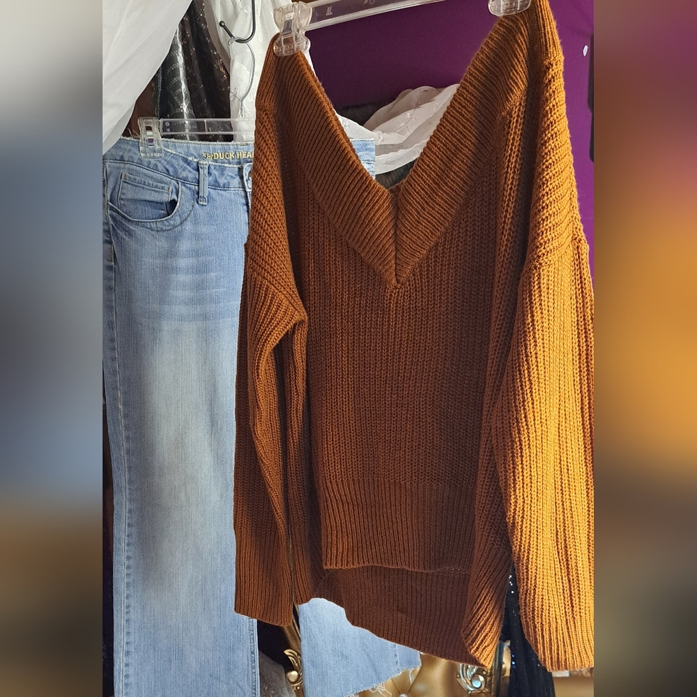 Full Circle Trends V-Neck Off Shoulder Orange Brown/ Pumpkin Shade Sweater.